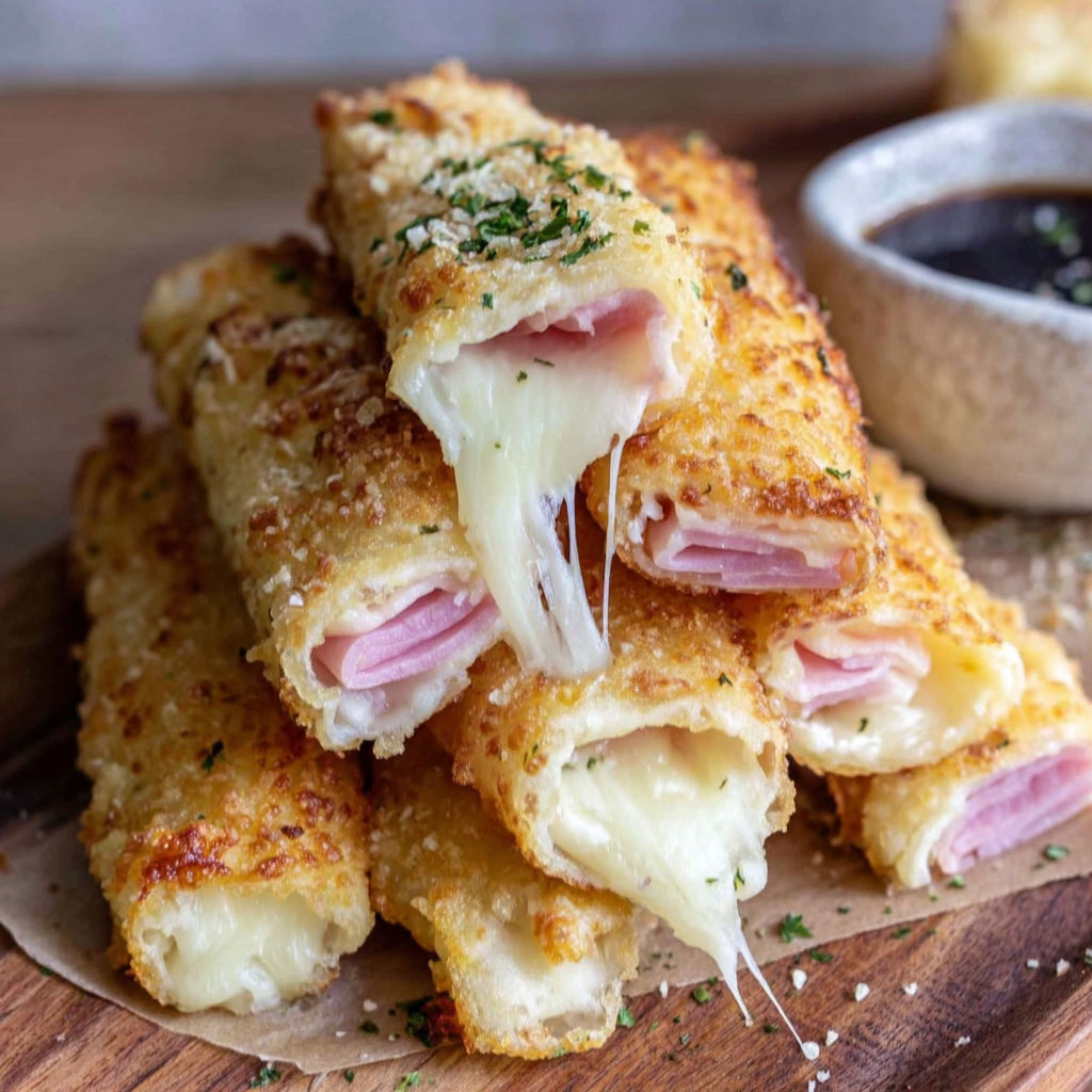 A stack of cheese sticks on a wooden table.