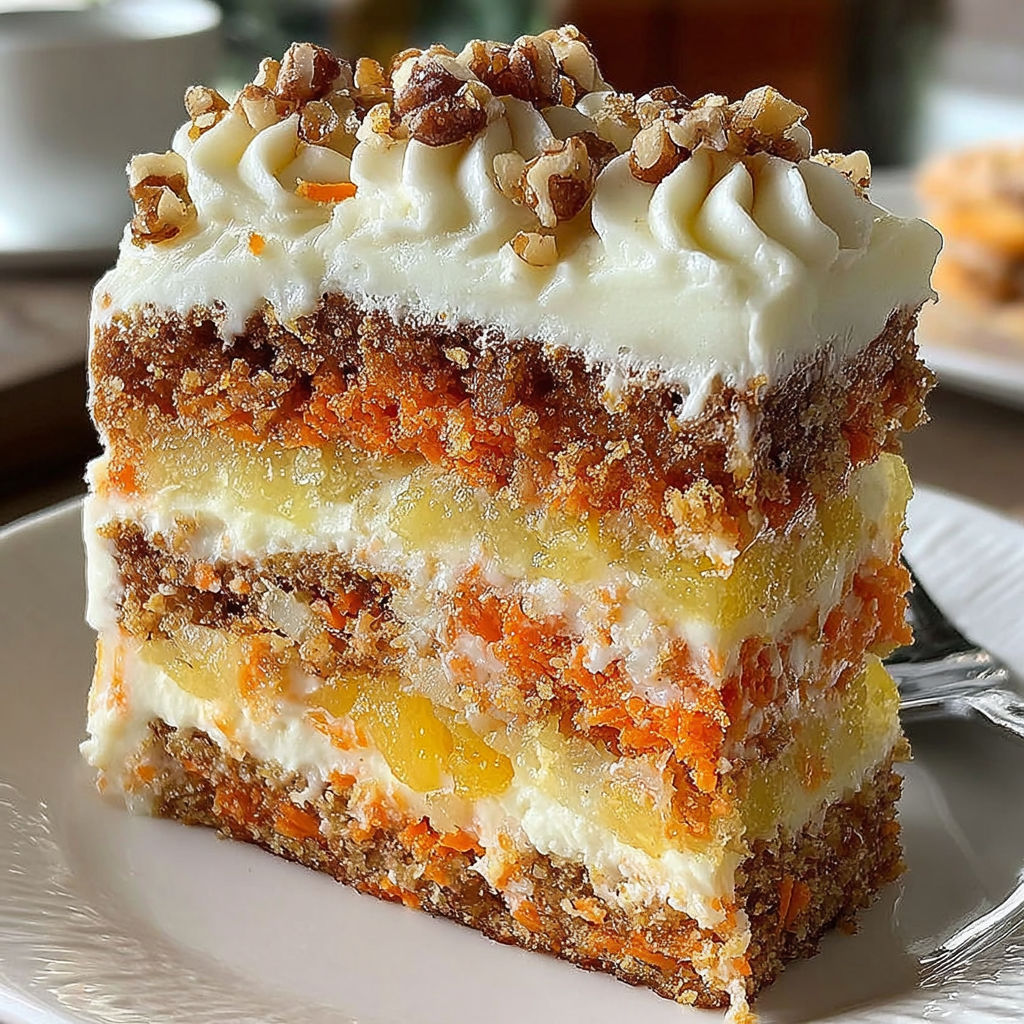 A slice of carrot cake with white frosting.