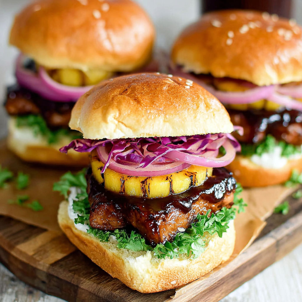 Four Hawaiian teriyaki beef burgers on a wooden tray.