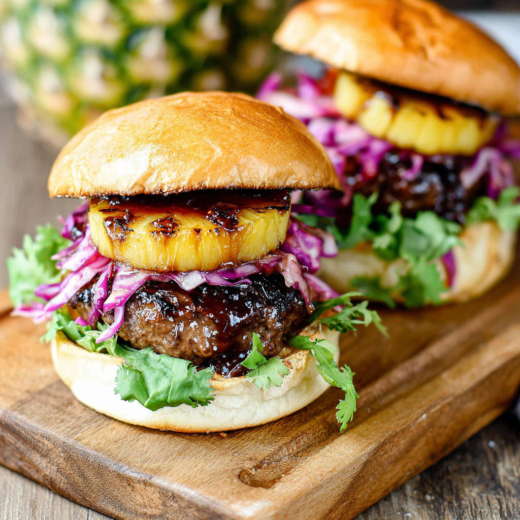 Two Hawaiian teriyaki beef burgers on a wooden platter.