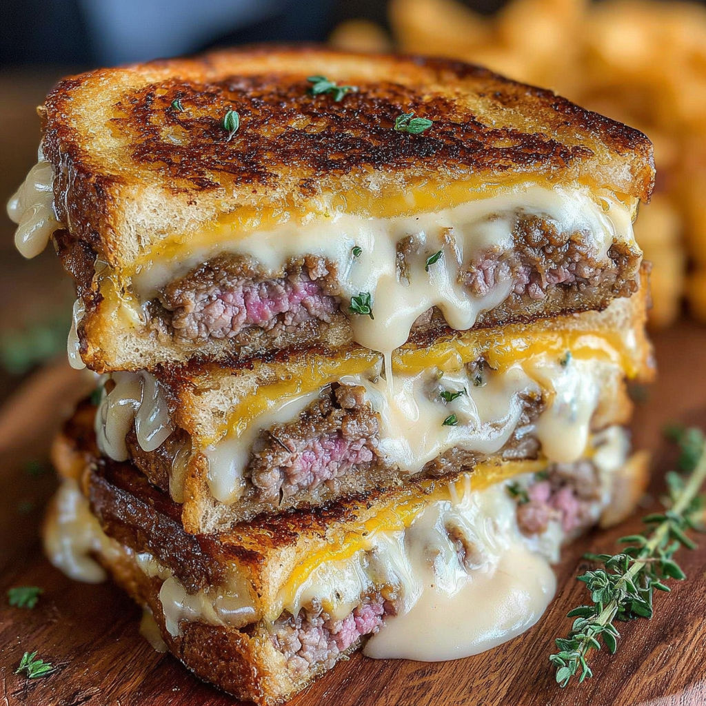 A stack of three smashing patty melts with signature sauce.