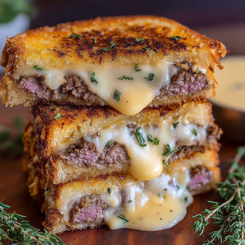 A stack of three smashing patty melts with signature sauce.