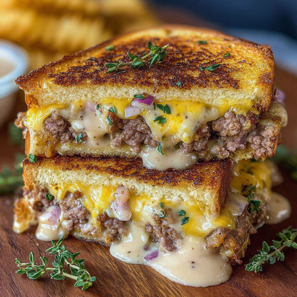 A close up of a delicious smashing patty melt with signature sauce.