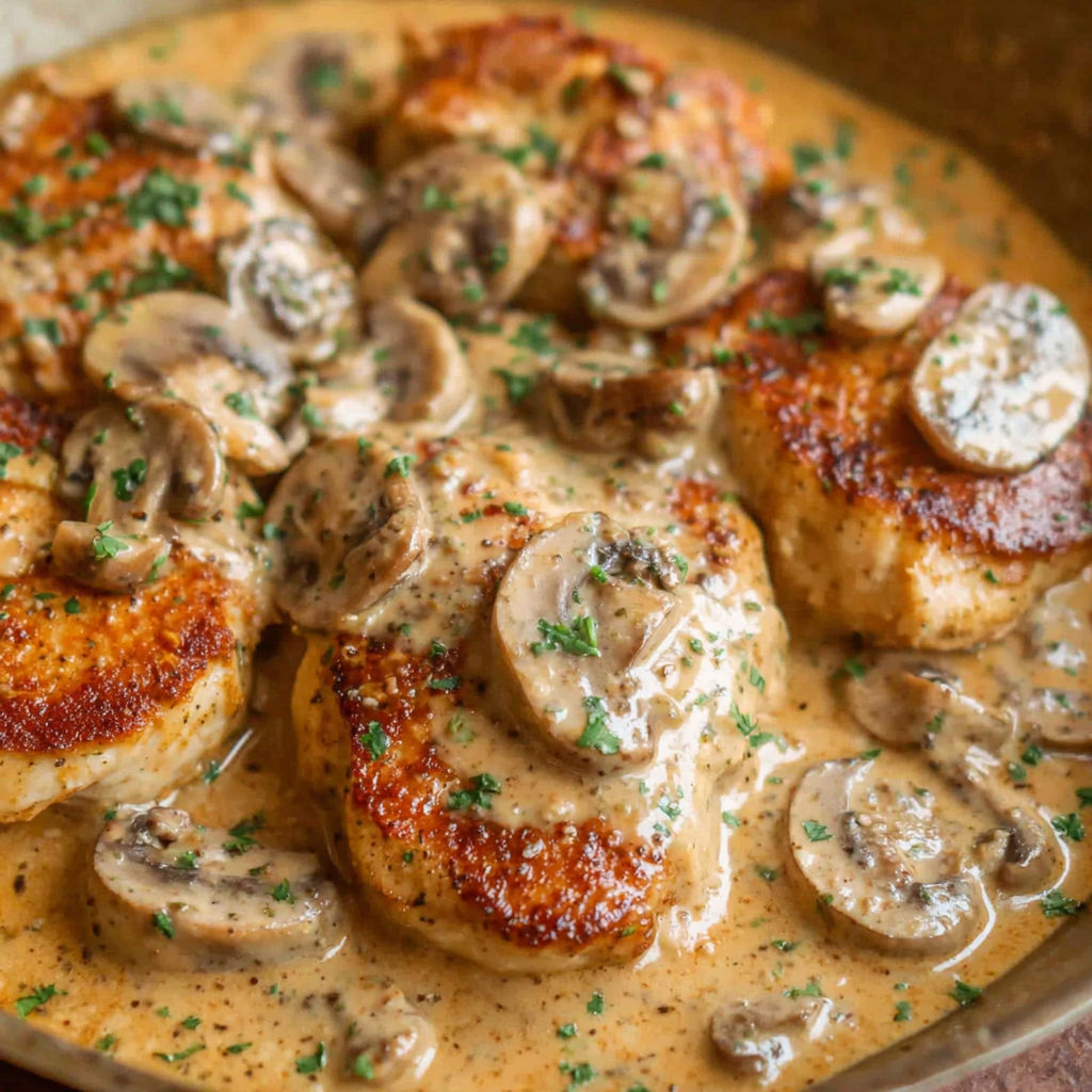 A plate of chicken with mushrooms and a creamy sauce.