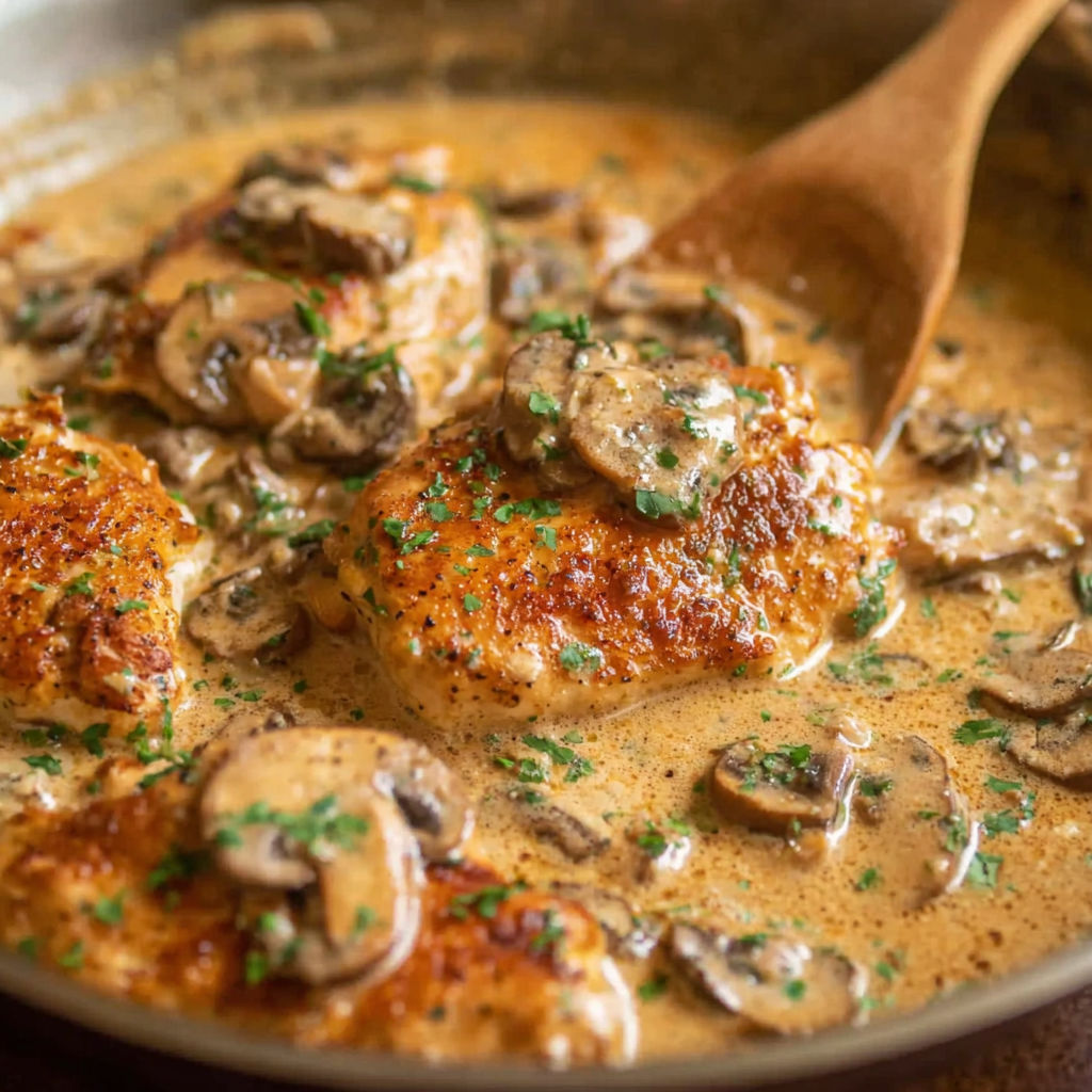 A plate of chicken with mushrooms and a creamy sauce