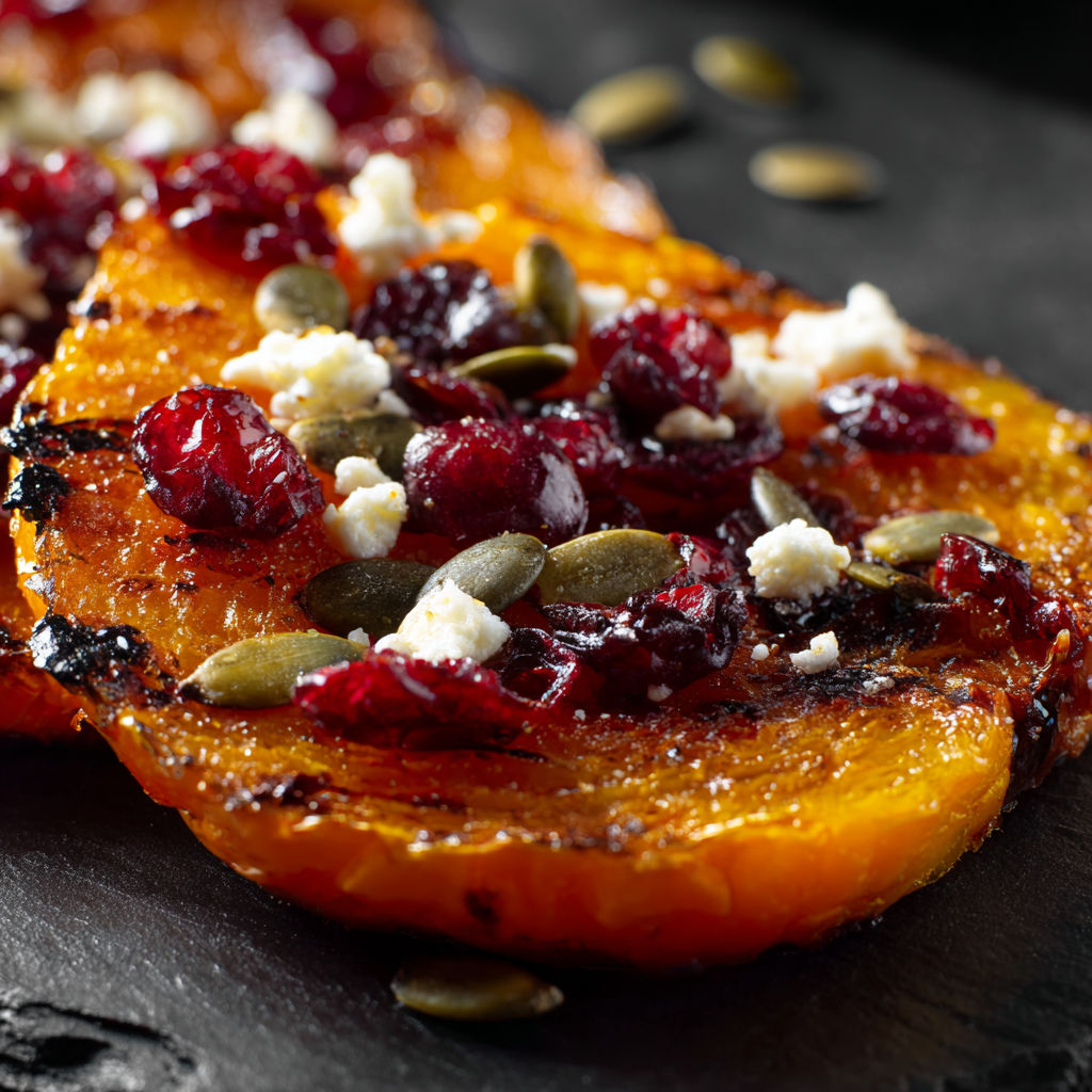 A slice of honey roasted butternut squash with cranberries, feta, and pumpkin seeds.
