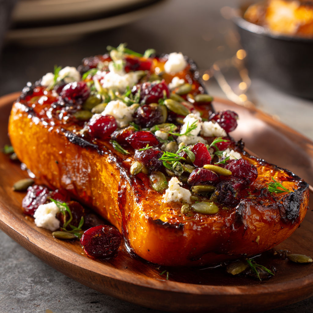 A delicious looking honey roasted butternut squash with cranberries, feta cheese, and pumpkin seeds.
