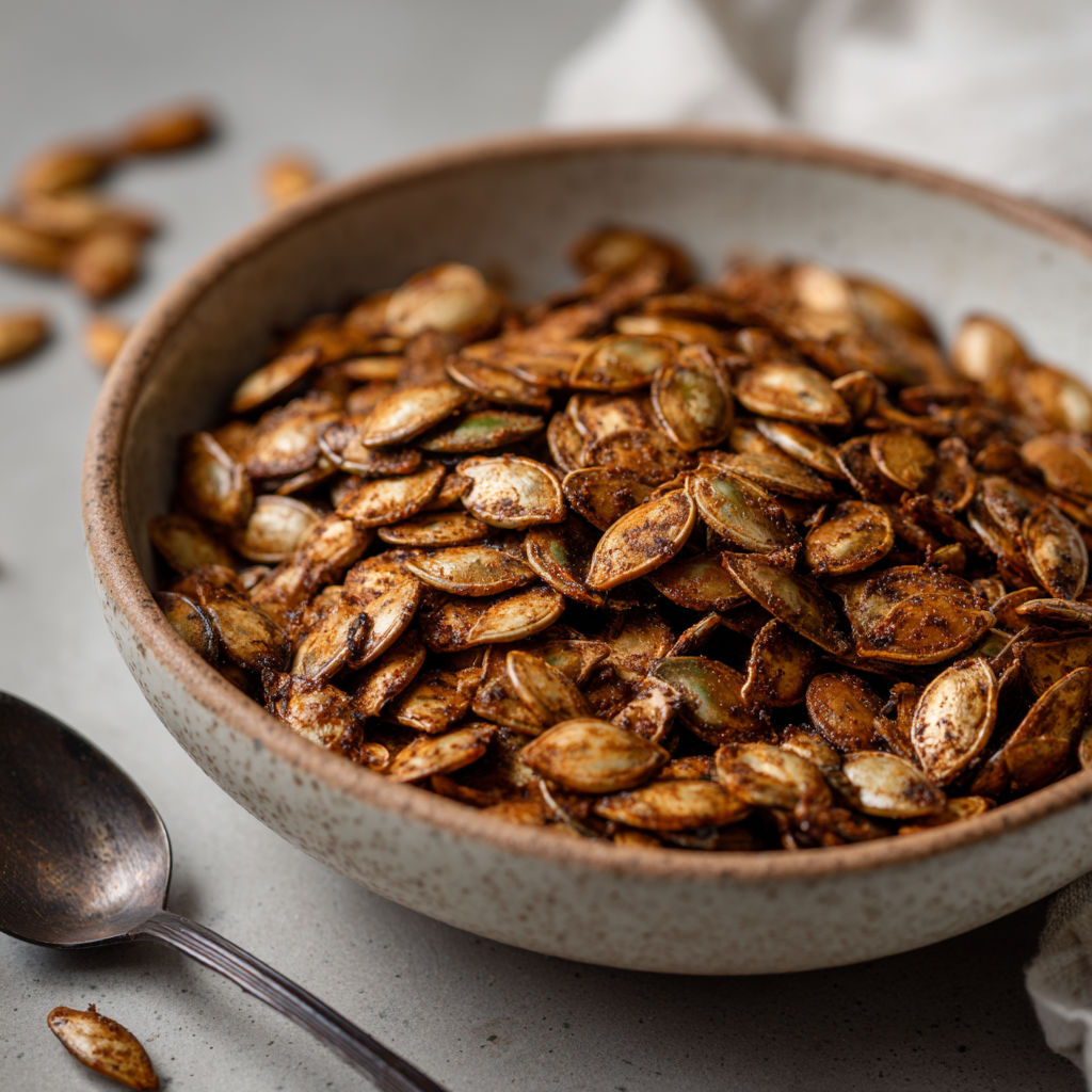 A bowl of roasted pumpkin seeds.