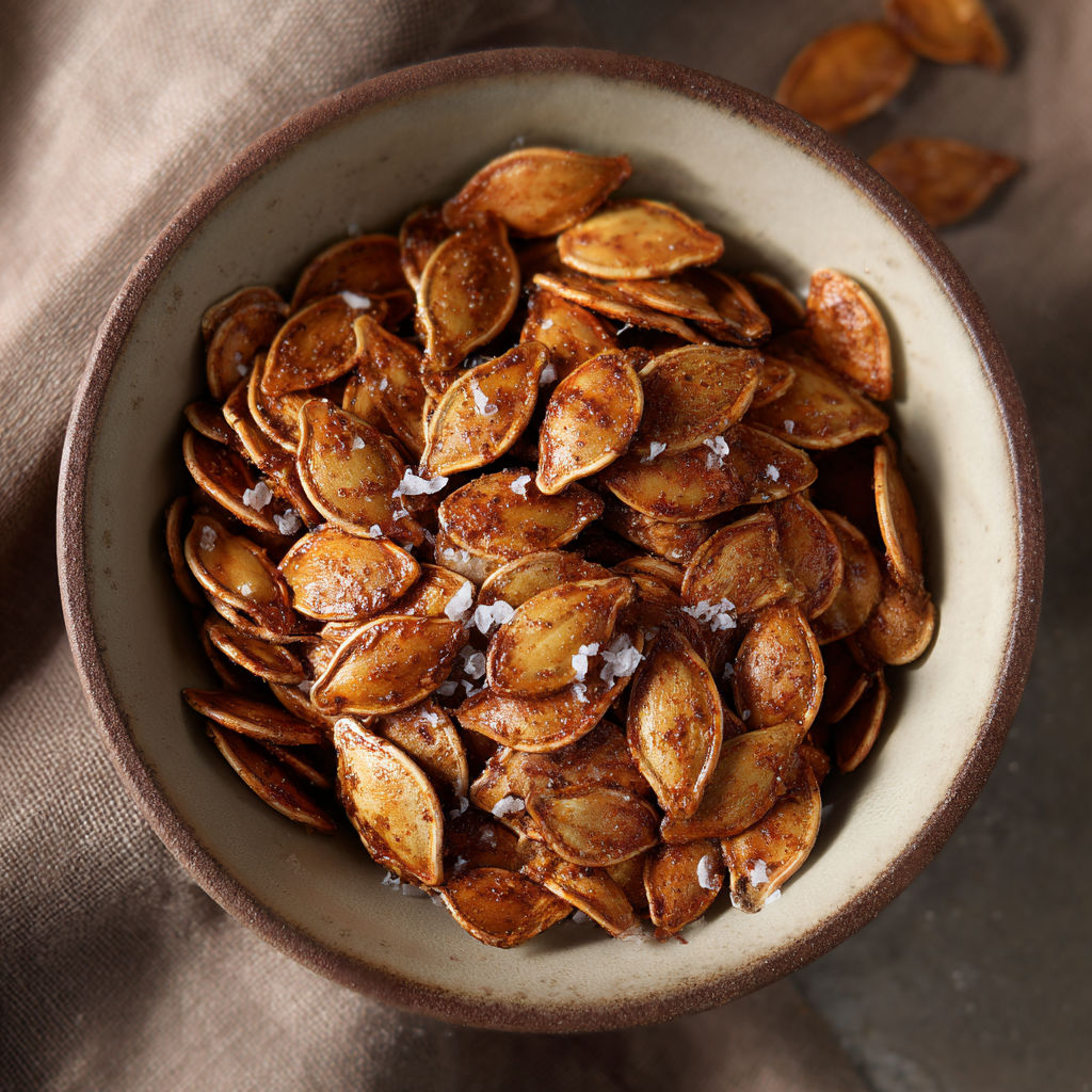 A bowl of roasted pumpkin seeds.