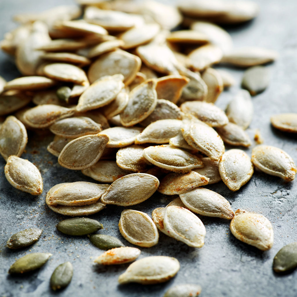 Roasted salted pumpkin seeds on a table.