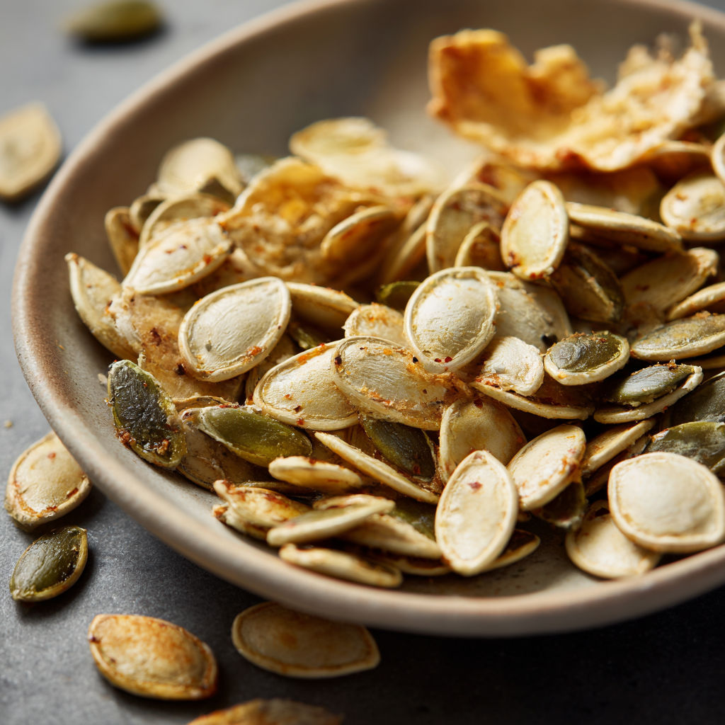 A bowl of roasted salted pumpkin seeds.