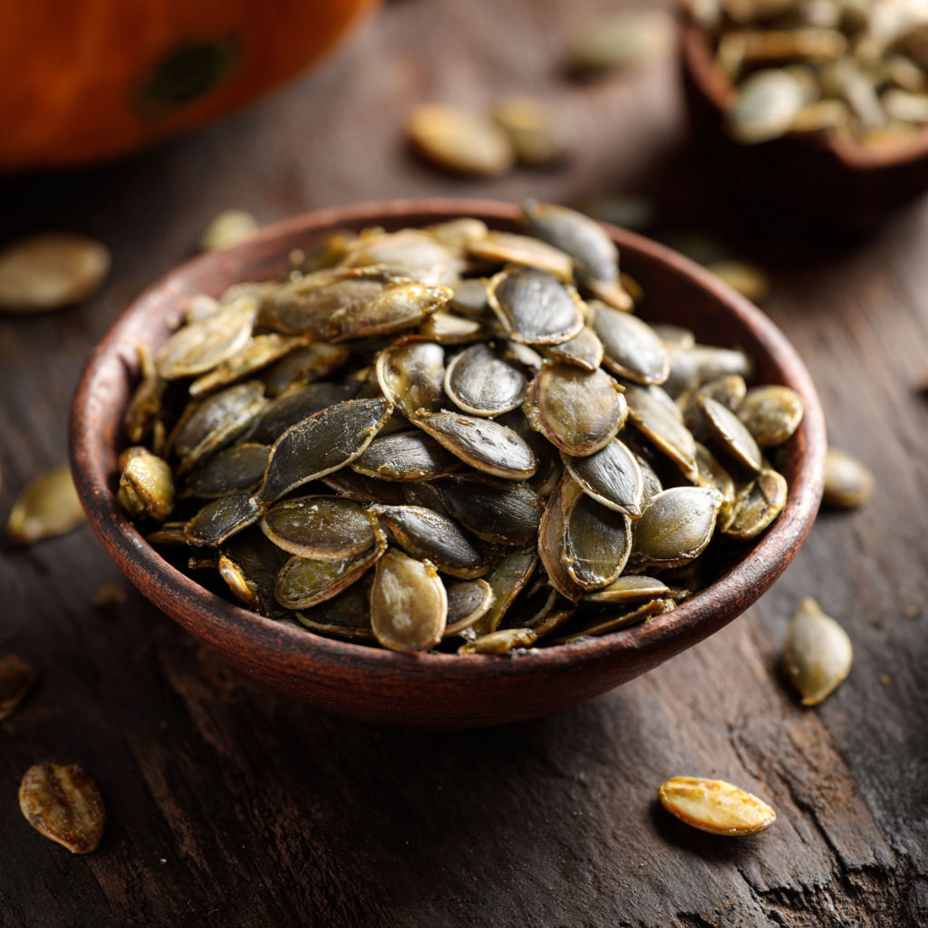 A bowl of seeds on a table.