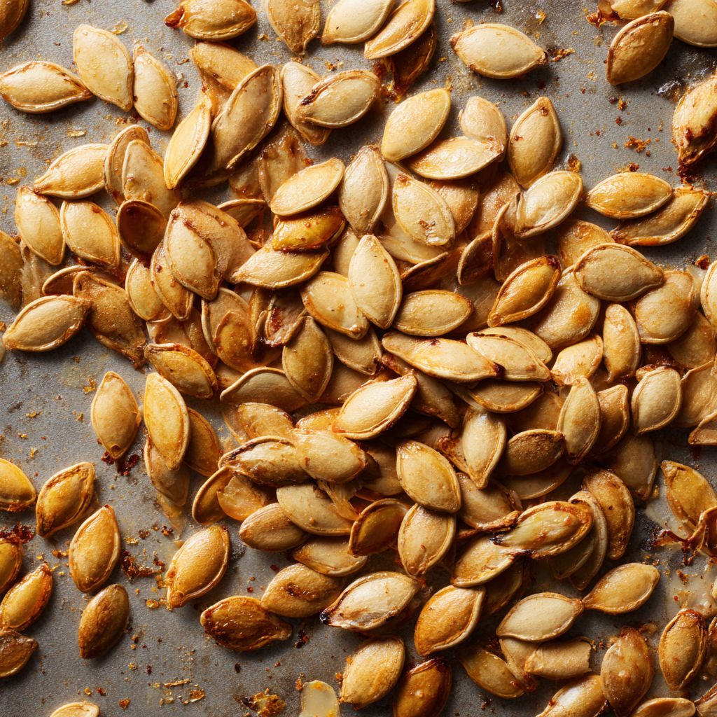 Roasted pumpkin seeds on a table.