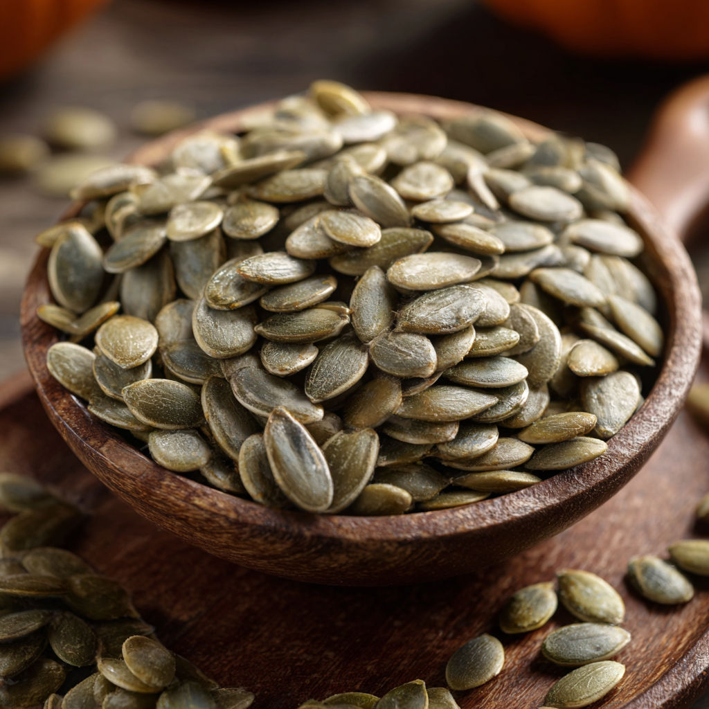 A bowl of roasted pumpkin seeds.