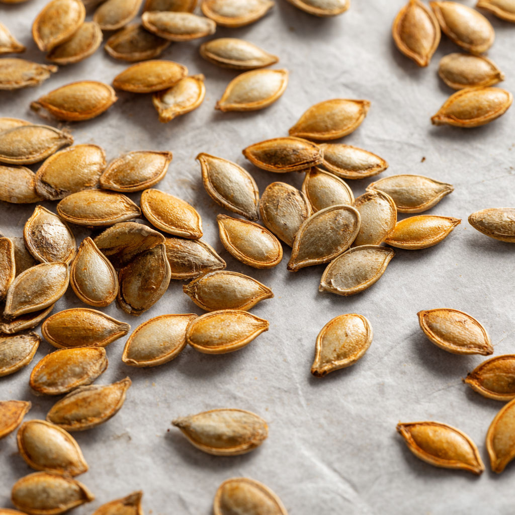 Pumpkin seeds on a table.