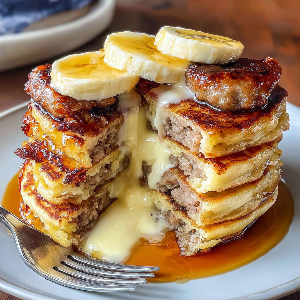 A stack of pancakes with bananas on top.