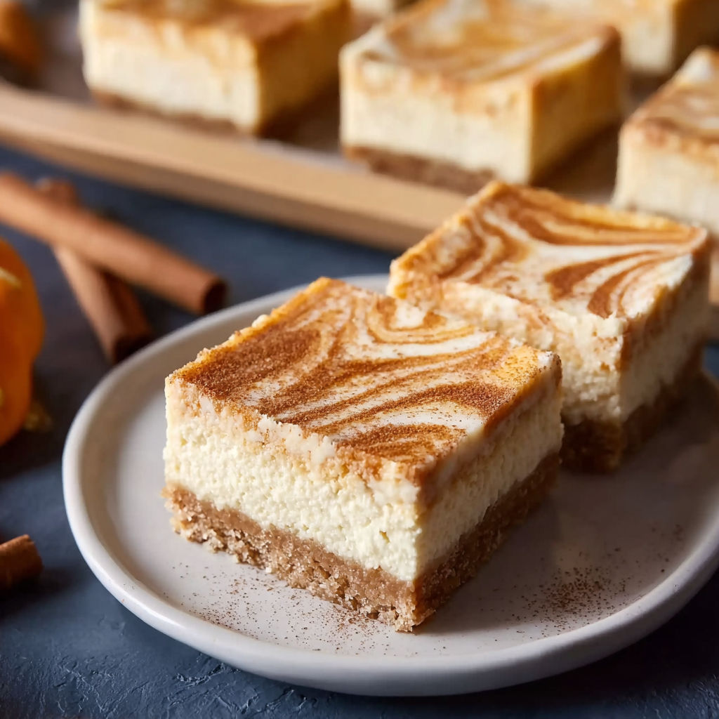 A plate of pumpkin spice cheesecake bars.