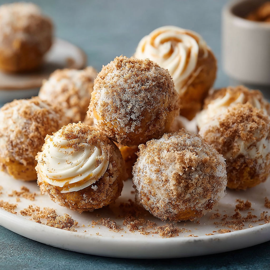 A plate filled with tasty pumpkin cheesecake balls.