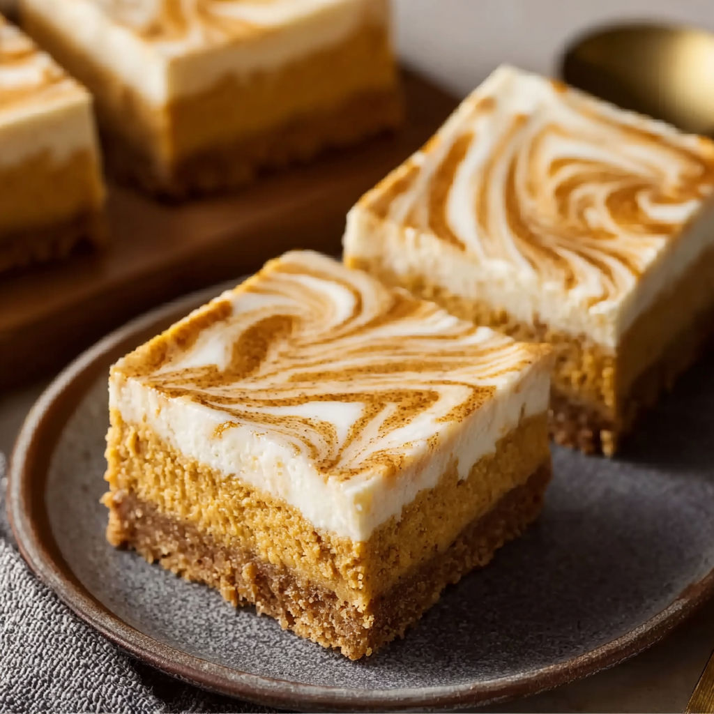 A plate of pumpkin spice cheesecake bars.