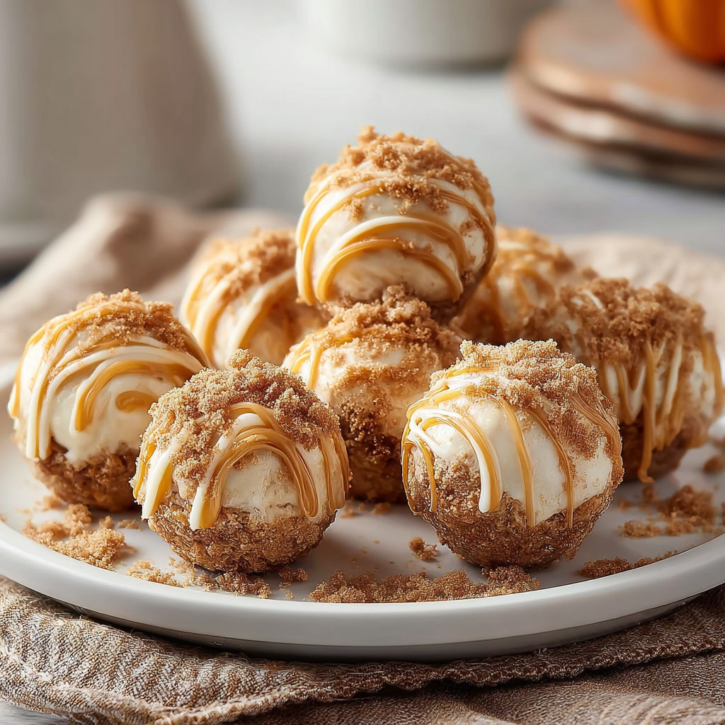 A plate showing tasty no-bake pumpkin cheesecake balls.