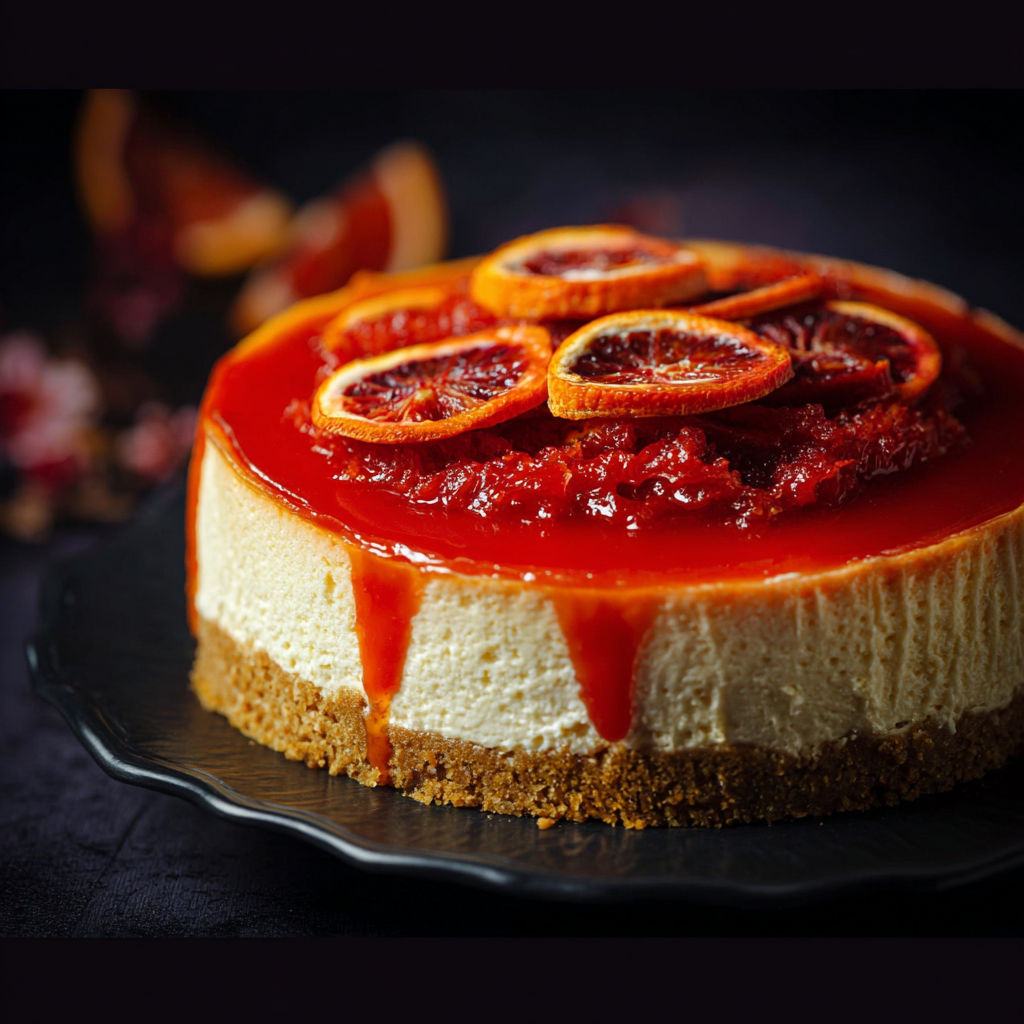 A slice of blood orange cheesecake with orange slices on top.