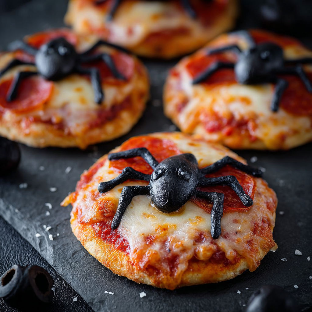 Mini pizzas with black spiders on them.