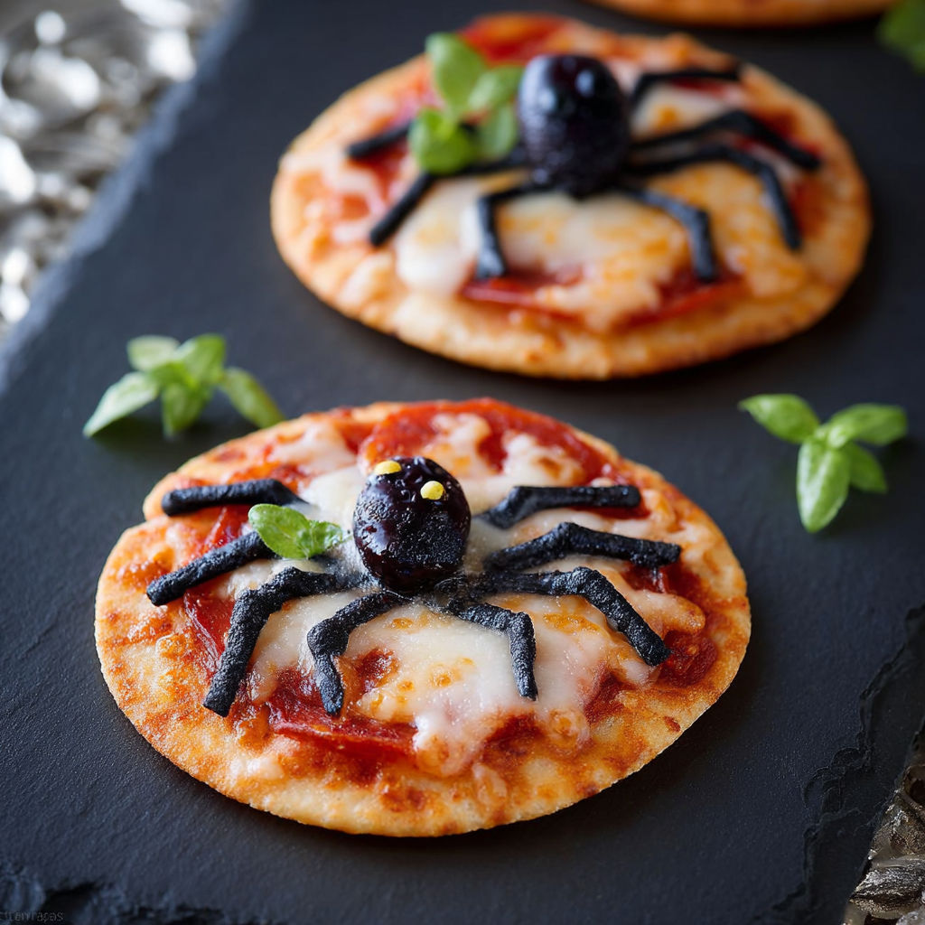 Mini pizzas with black olives and cheese shaped like spiders.