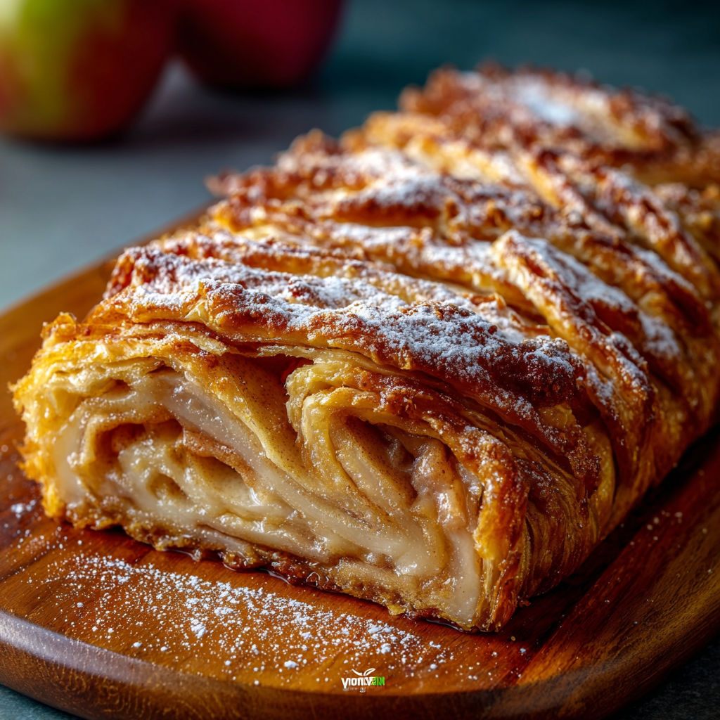 A pastry on a wooden board.