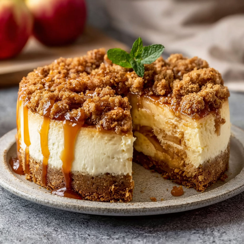 A slice of delicious apple crumble cheesecake.
