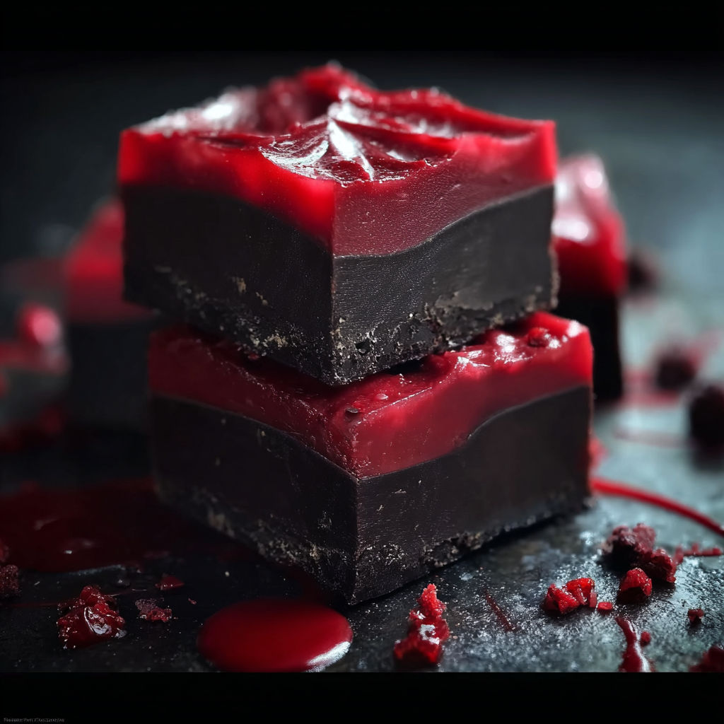 A close up of a piece of chocolate cake with a red icing.
