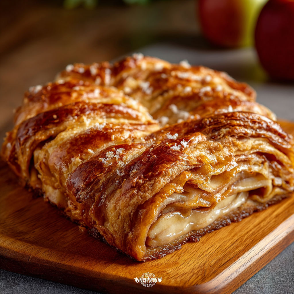 A pastry with a flaky crust and a filling of apples and cinnamon.