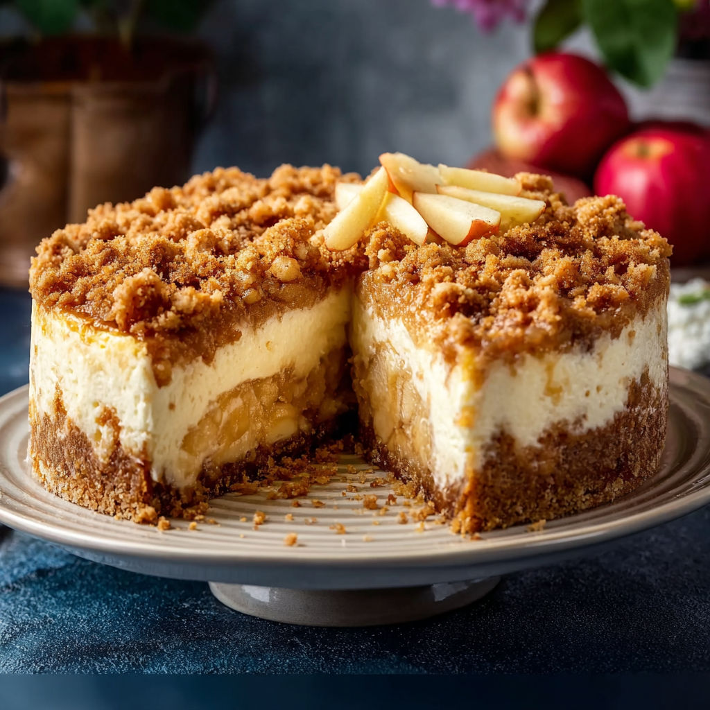 A slice of apple crumble cheesecake on a plate.