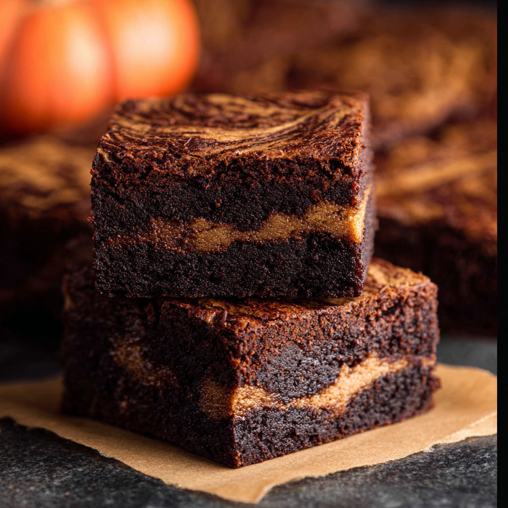 A stack of brownies with a caramel swirl.
