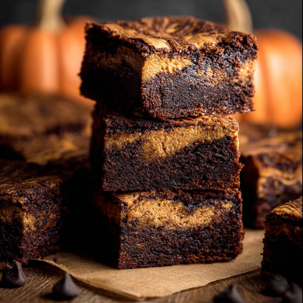 A stack of brownies with chocolate frosting.