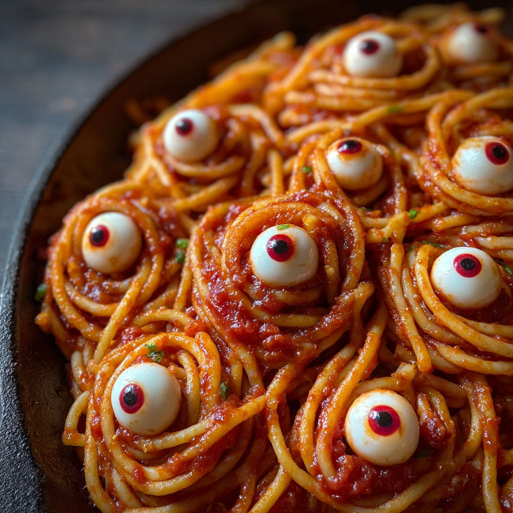 A plate of spaghetti with red sauce and mozzarella cheese shaped like eyeballs.