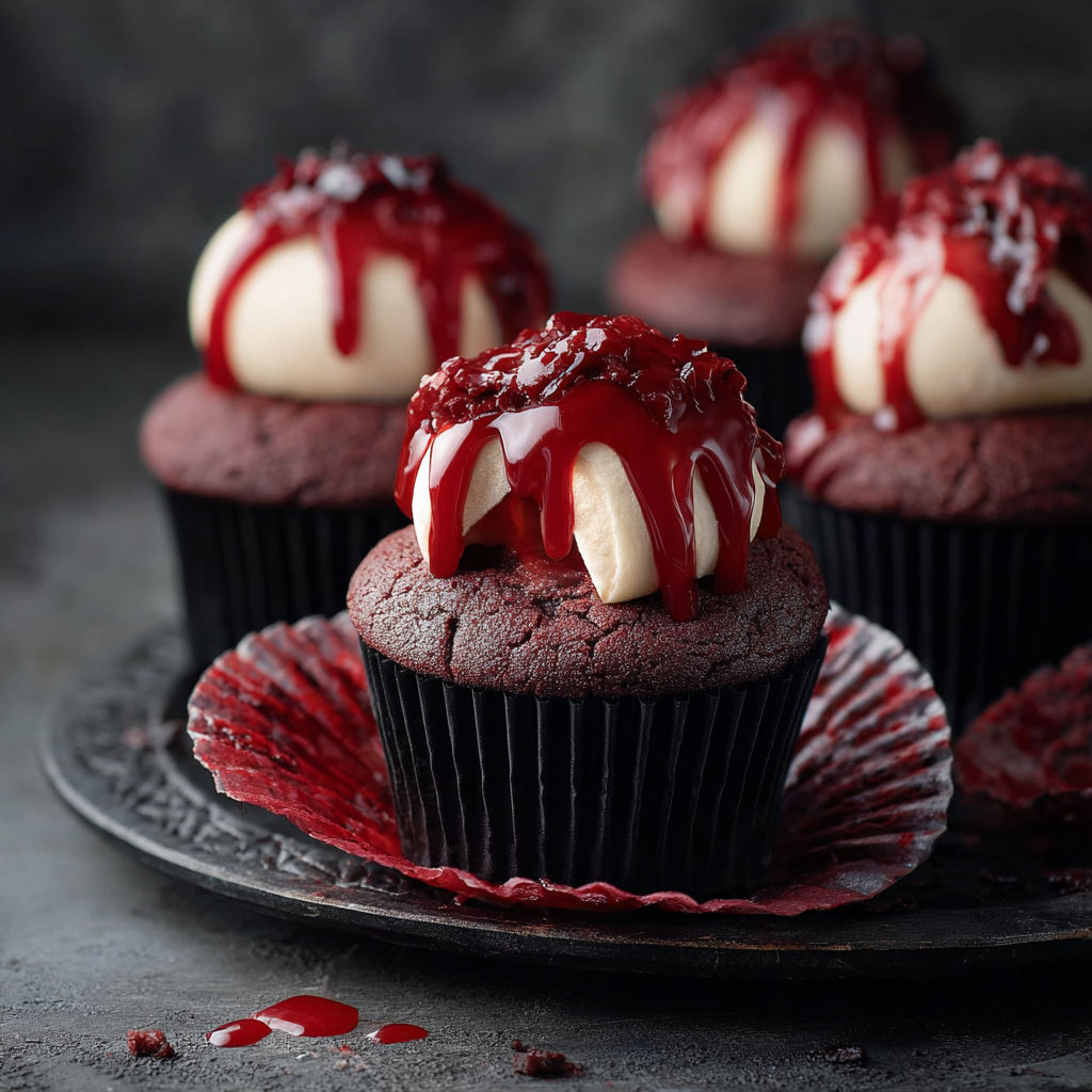 Red cupcakes with white frosting and red drizzle, topped with a vampire bite.
