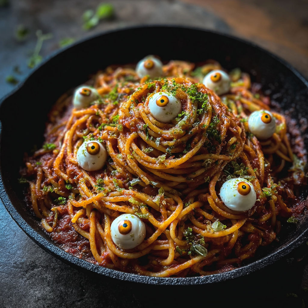 A plate of spaghetti with mozzarella cheese and eyeballs.