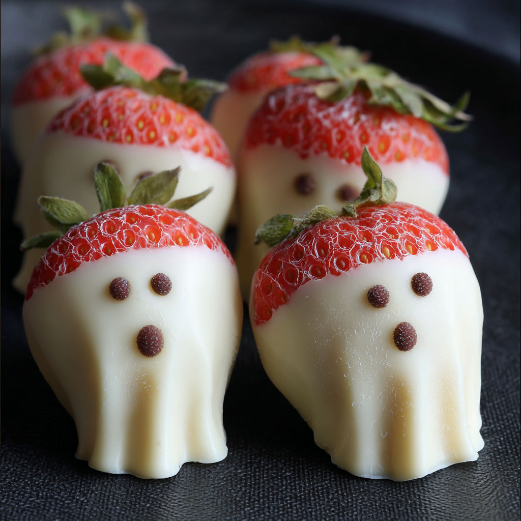 White chocolate strawberry ghosts on a black plate.