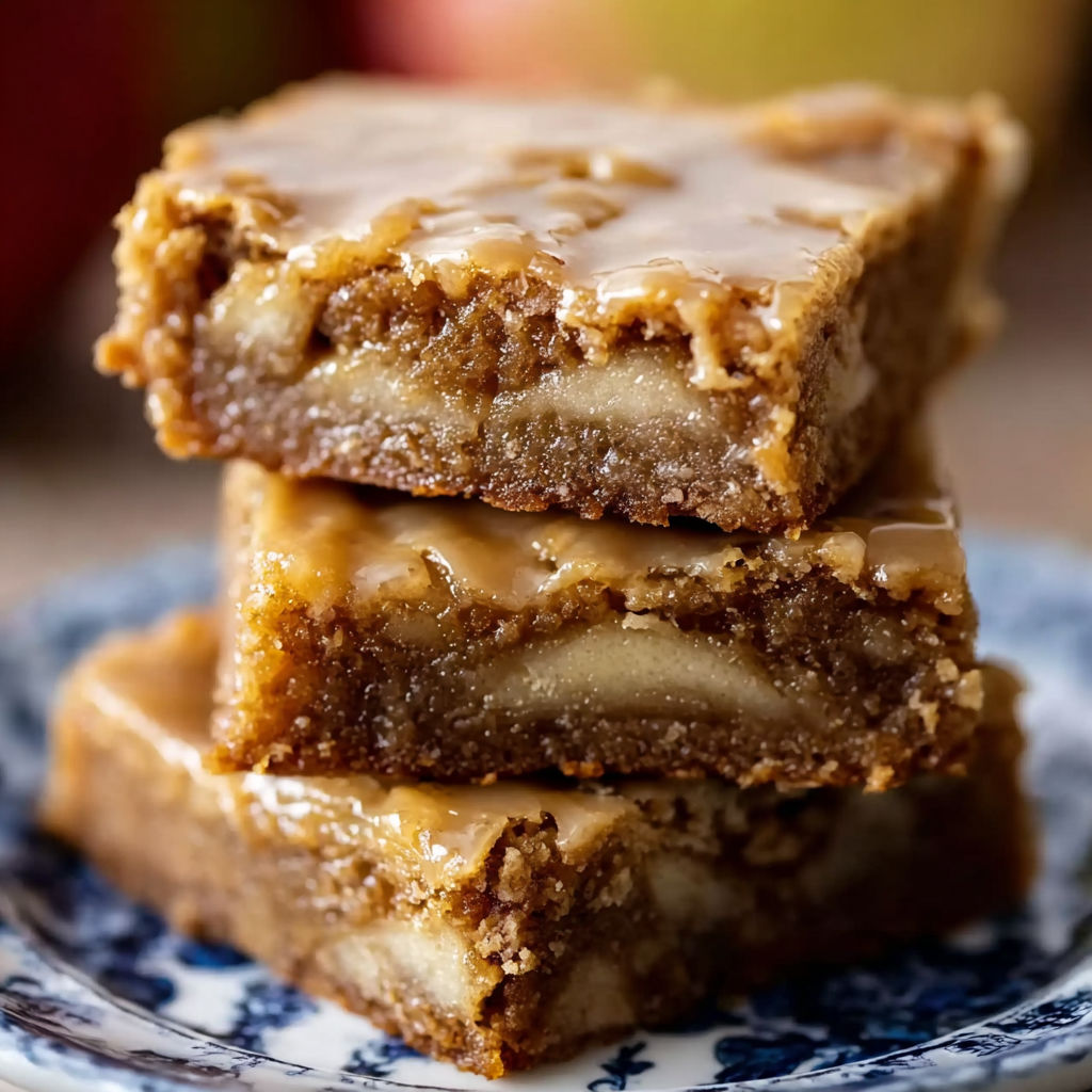 A stack of brownies with caramel drizzle.
