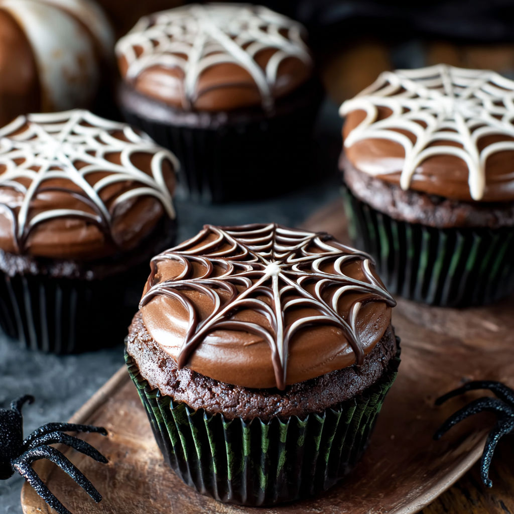 Chocolate cupcakes with a spider web design.