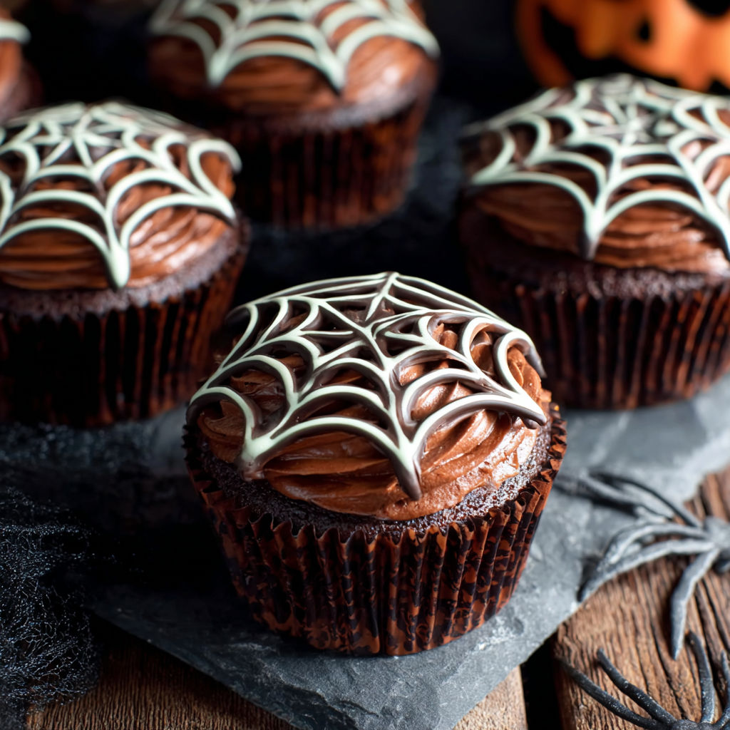 Chocolate cupcakes with a spider web design.
