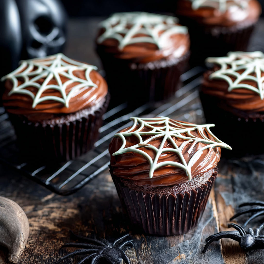 Chocolate cupcakes with a spider web design.