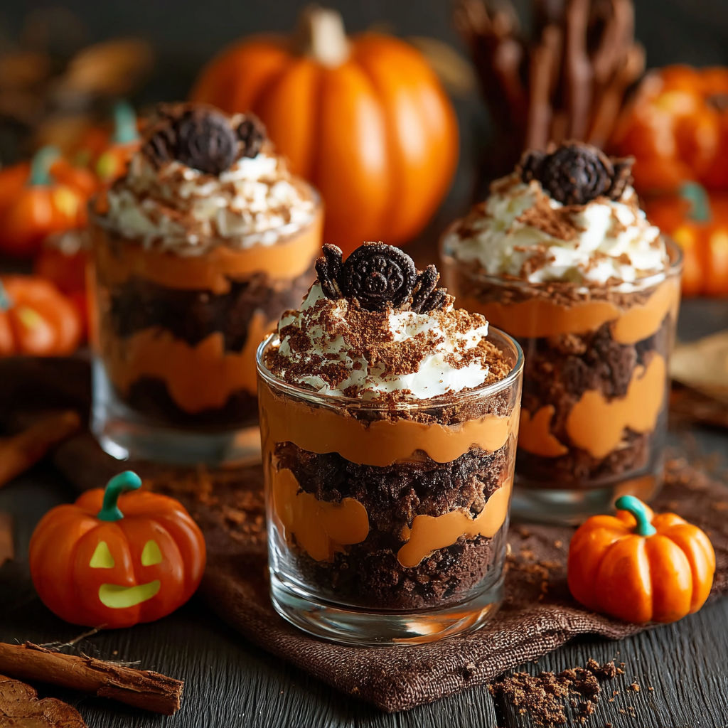 Three cups of pumpkin desserts with whipped cream and chocolate chips.