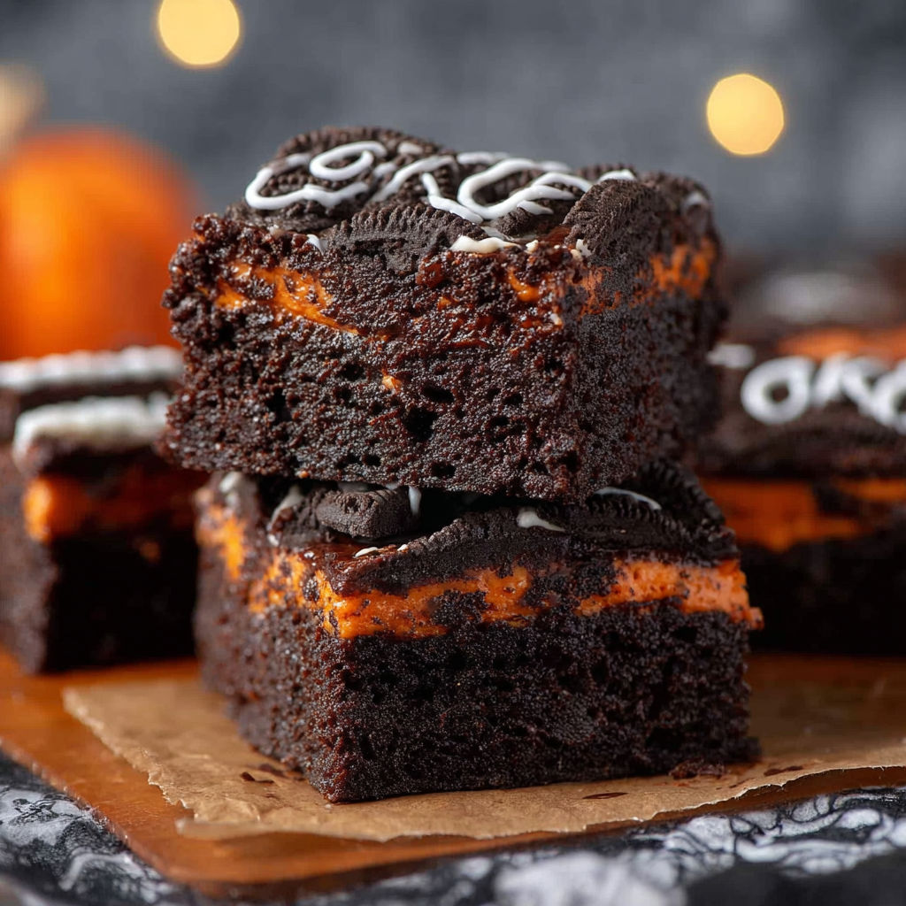 A stack of brownies with Oreo cookies on top.