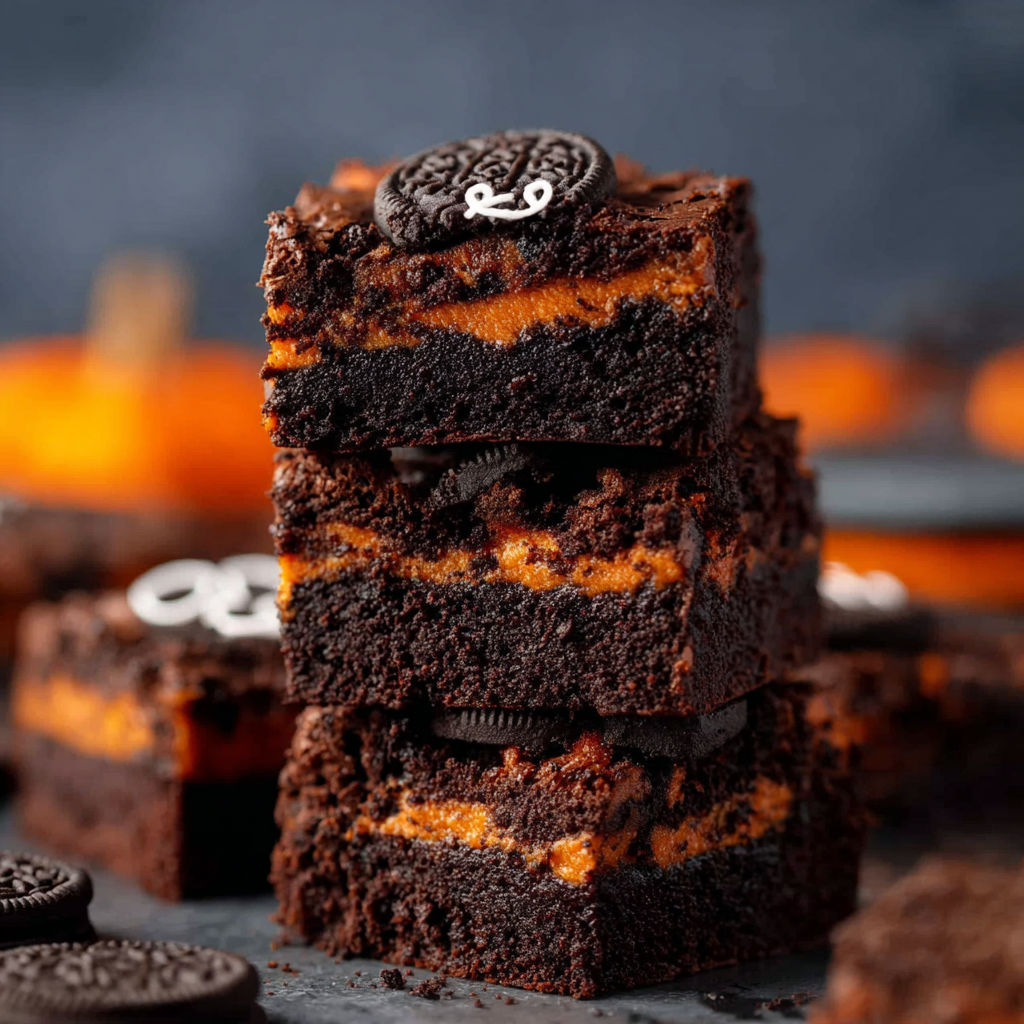 A stack of brownies with Oreo cookies on top.