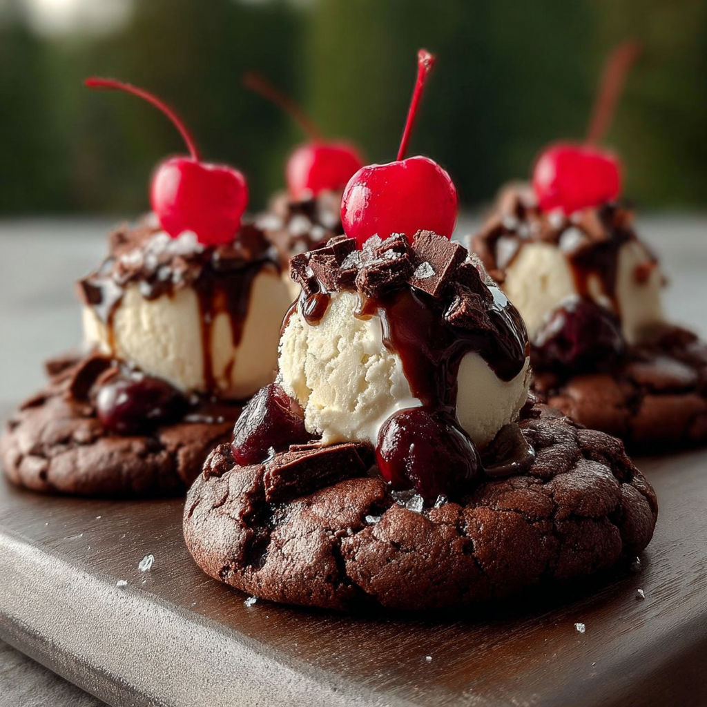 A plate of chocolate chip cookies with ice cream on top.