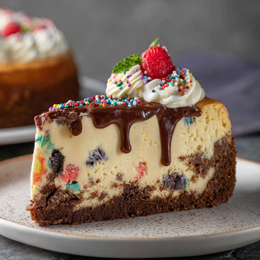 A slice of cheesecake with chocolate drizzle and raspberries on top.