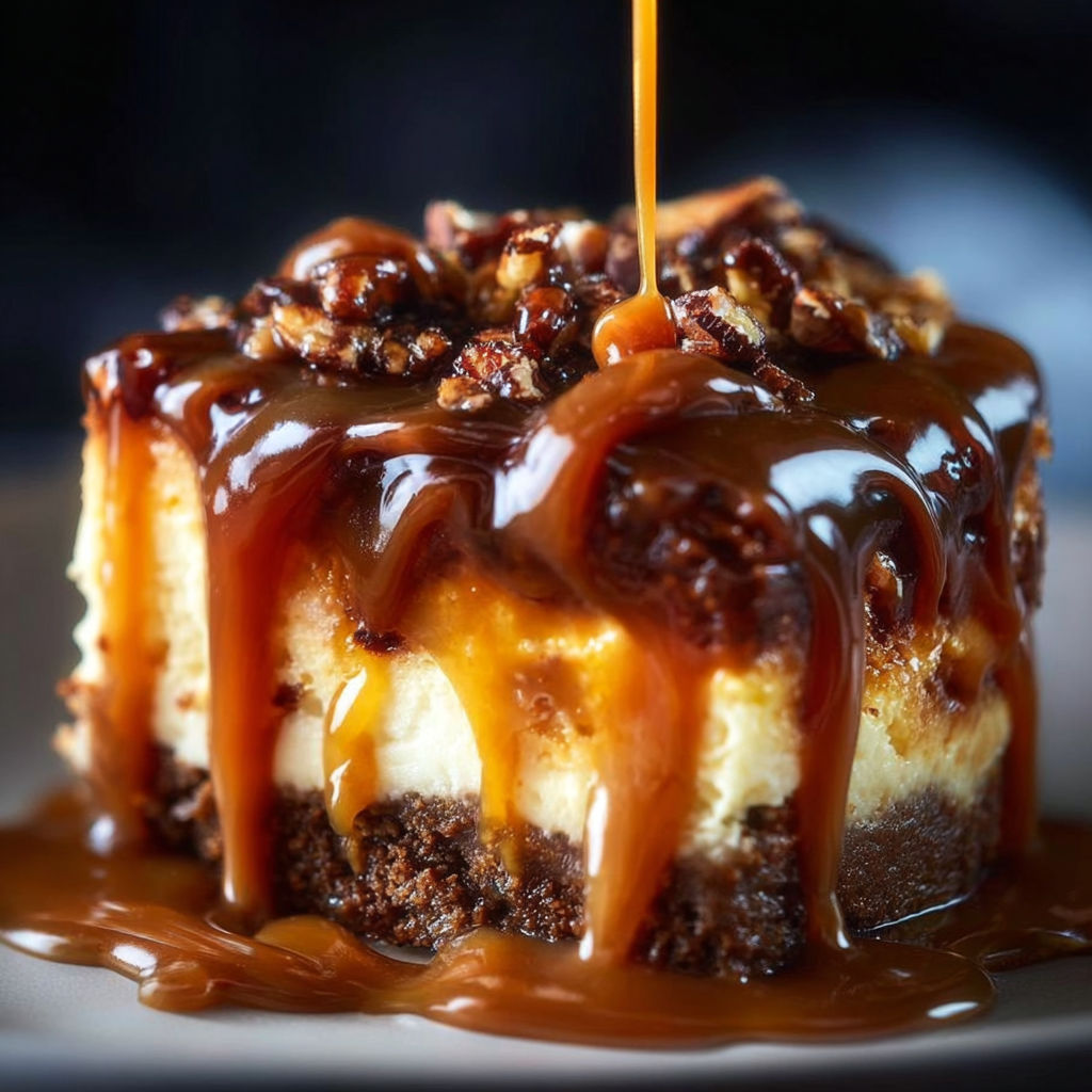 A slice of turtle caramel gooey poke cake.