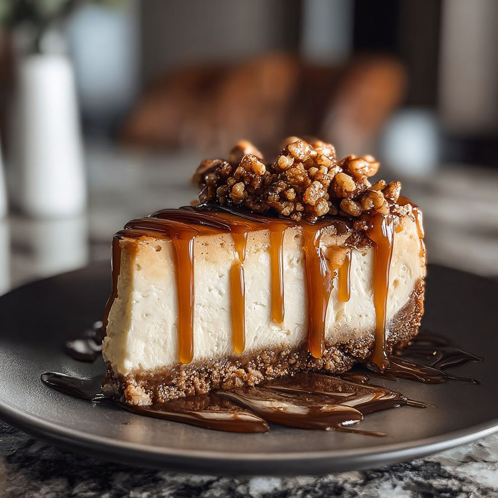 A slice of cheesecake with a caramel sauce drizzle and topped with a blackberry