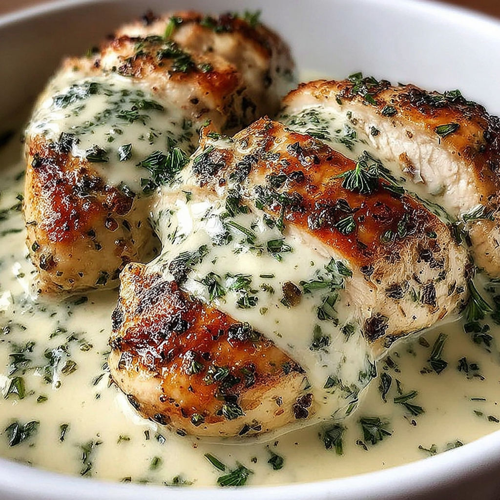 A bowl of chicken with sauce.